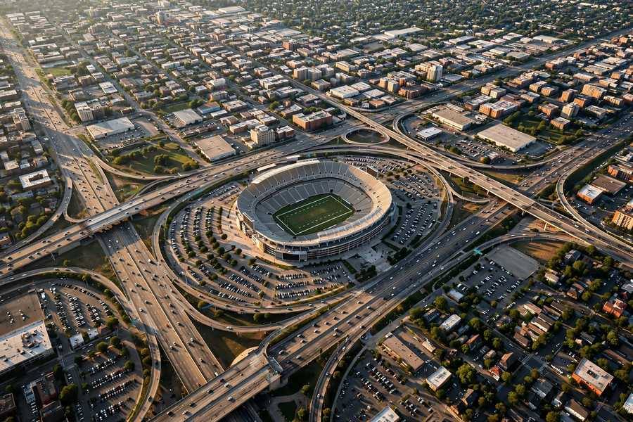 Aerial view of a large football stadium surrounded by city infrastructure