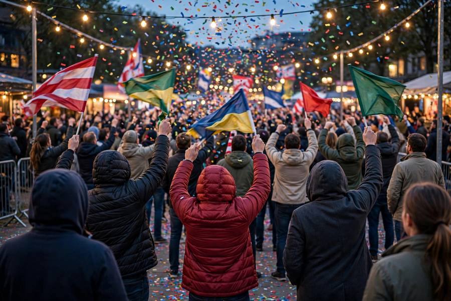 Football fans celebrating in a fan zone with flags during a World Cup