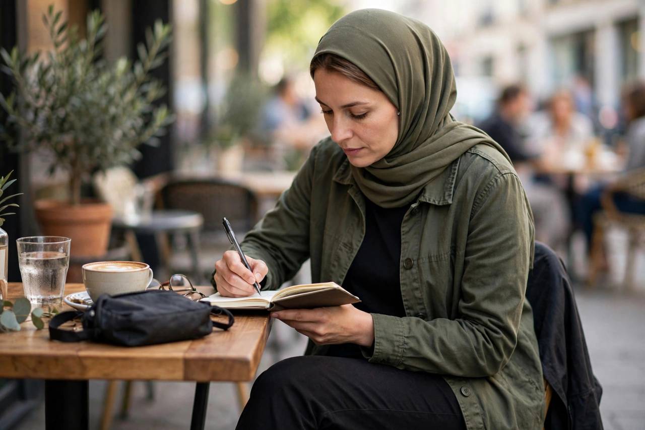 Reporter in modest full-coverage clothing taking notes in a notebook during an interview at a cafe table