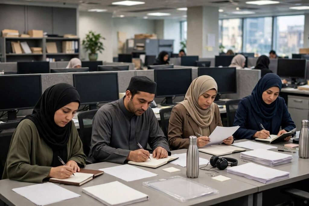 Newsroom desks with reporters working, notebooks and papers spread out, no readable text on screens