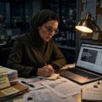 How Do Journalists Protect Their Sources? Investigative journalist working late in a dimly lit newsroom with documents and a laptop