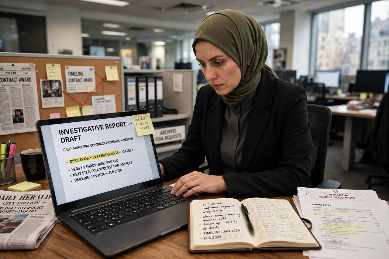Journalist in a newsroom reviewing documents on a laptop with a notebook, serious investigative work setting