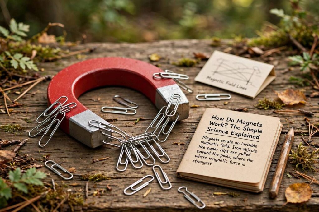 Horseshoe magnet attracting metal paper clips