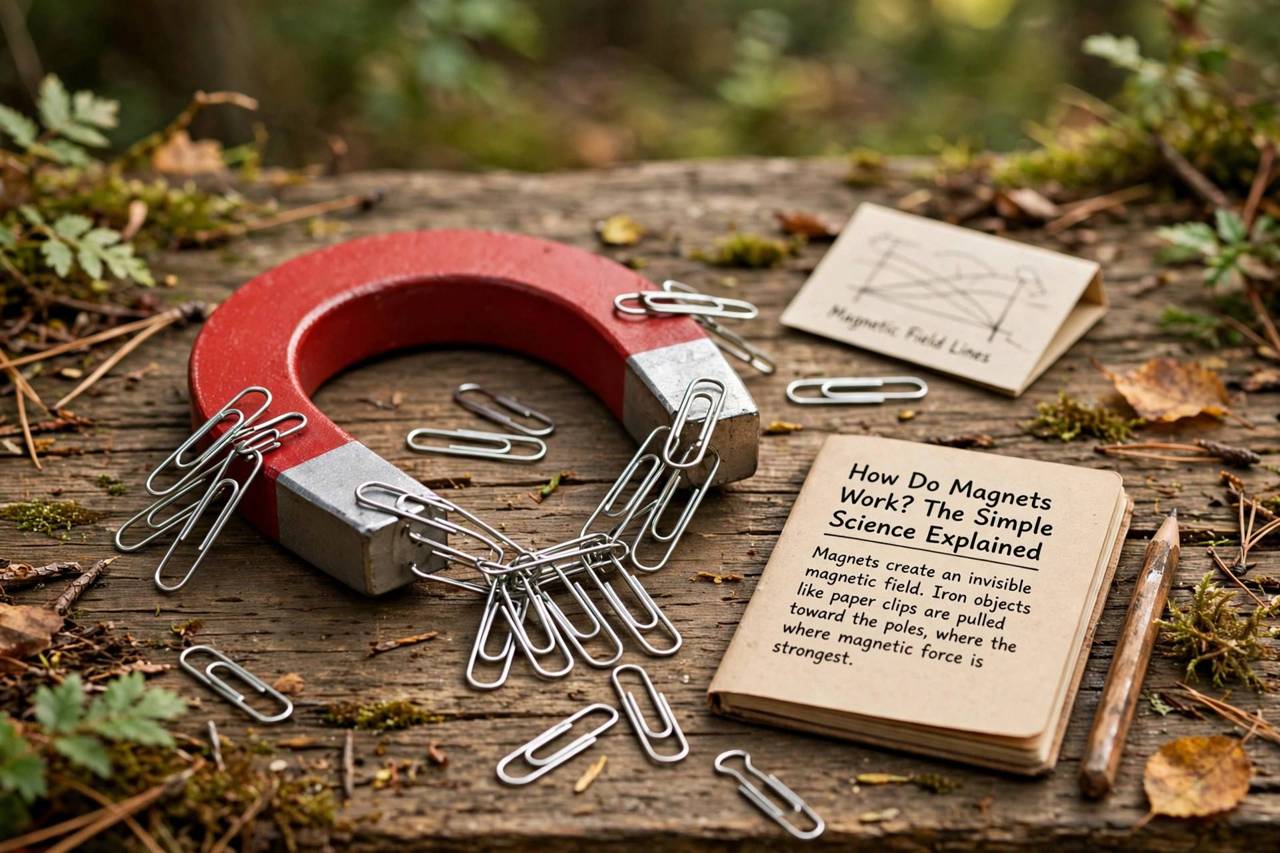 Horseshoe magnet attracting metal paper clips