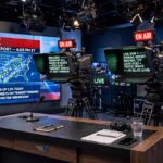 How Do News Anchors Use a Teleprompter Without Looking at It? News studio set with anchor desk, cameras and glowing teleprompter screens during a live broadcast