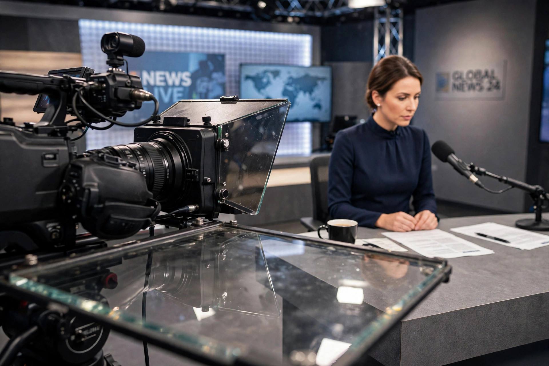 Television news anchor at a studio desk reading from a teleprompter, camera with glass panel visible in foreground