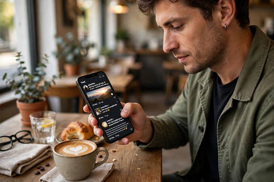 Person scrolling through a social media news feed with morning coffee