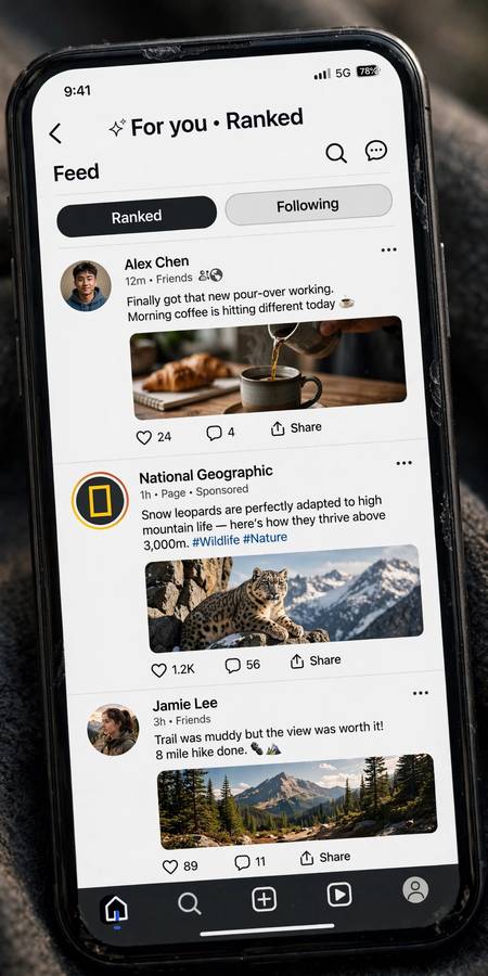 Ranked social media feed with posts on a smartphone