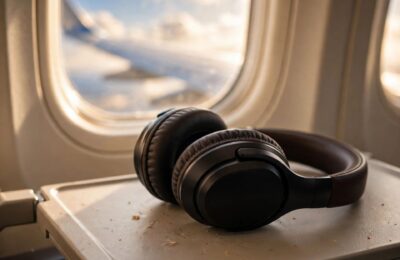Noise cancelling headphones on an airplane tray table with window view — how noise cancelling headphones work, featured image