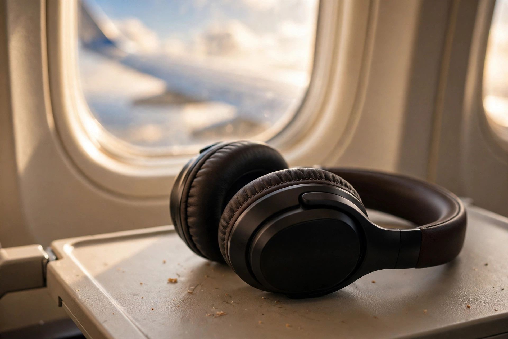 Noise cancelling headphones on an airplane tray table with window view — how noise cancelling headphones work, featured image