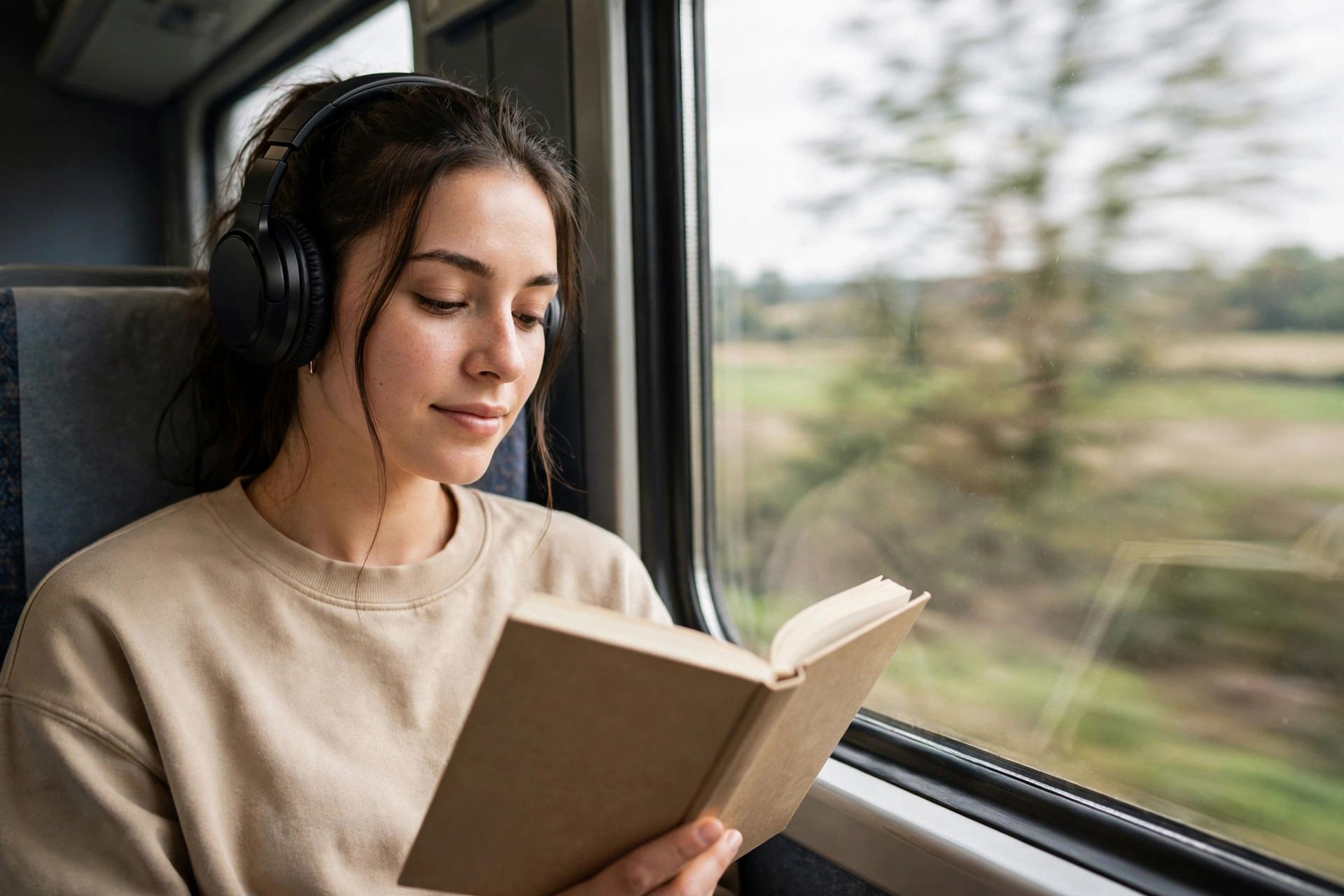 Traveler wearing noise cancelling headphones reading on a train — real-world noise cancelling use