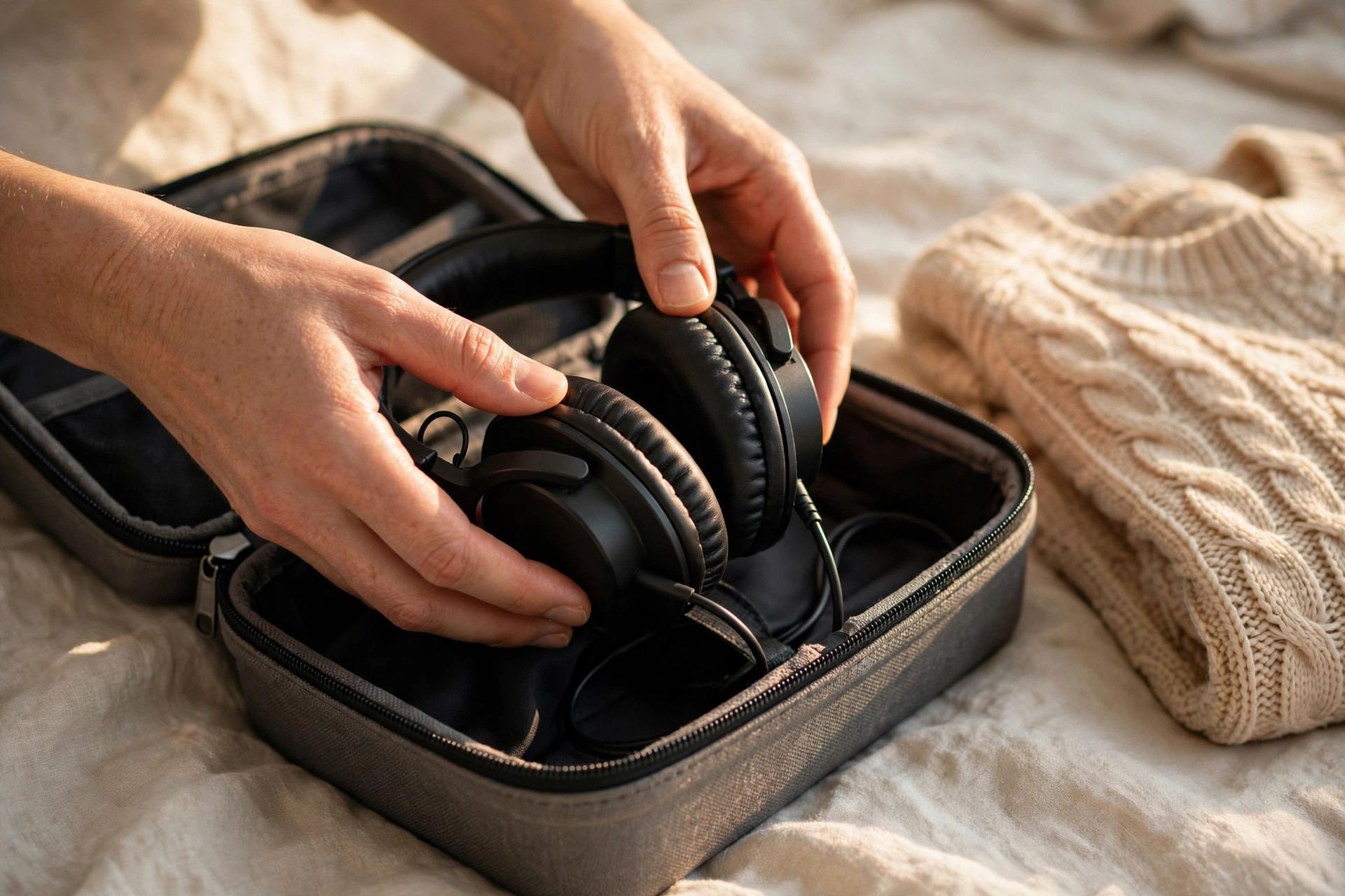 Hands folding noise cancelling headphones into a travel case — portable noise cancelling headphones