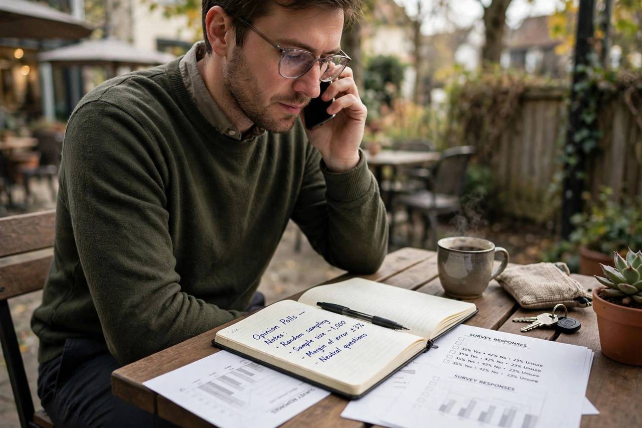 Person answering a phone survey with notebook nearby