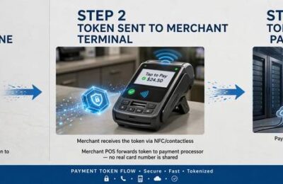 A step-by-step diagram of a payment token flowing from phone to merchant to network