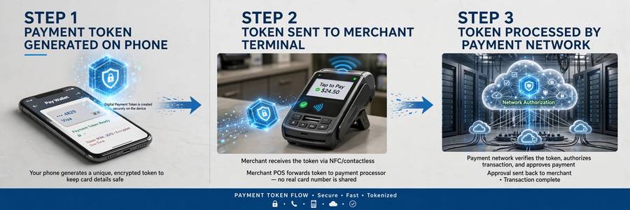 A step-by-step diagram of a payment token flowing from phone to merchant to network