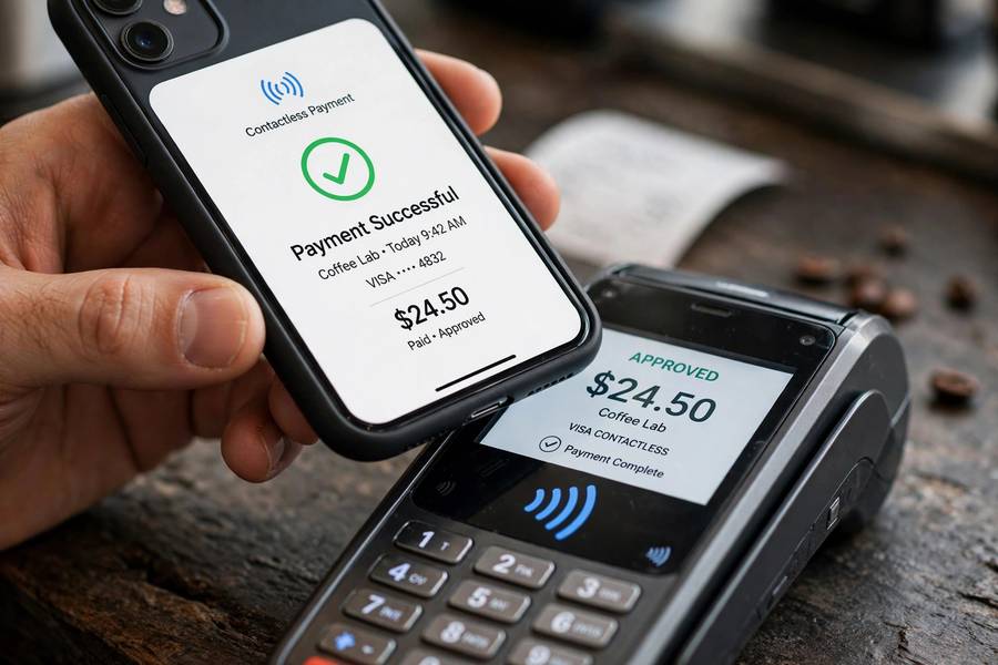 A close-up of a phone making a contactless payment at a terminal