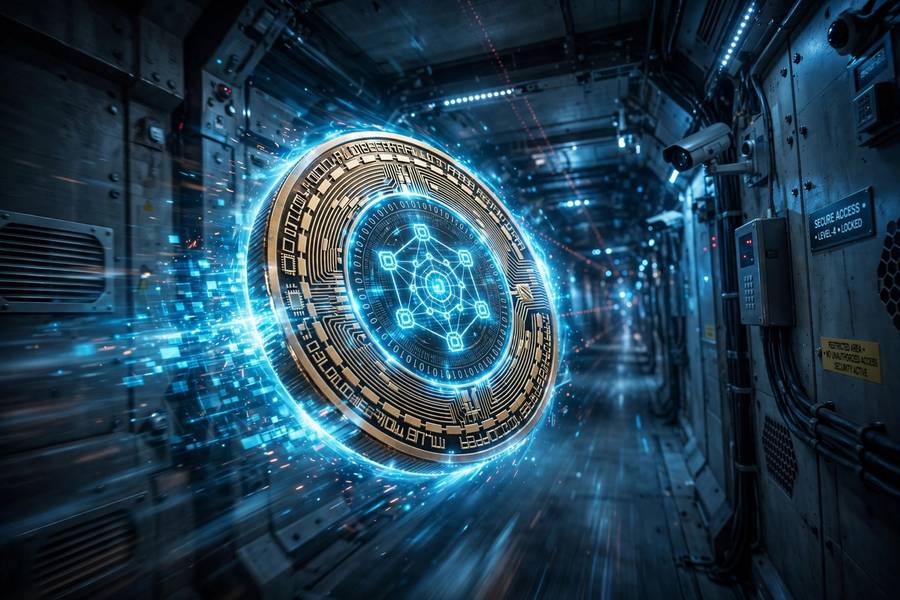A digital token visualized as a glowing coin moving through a secure tunnel