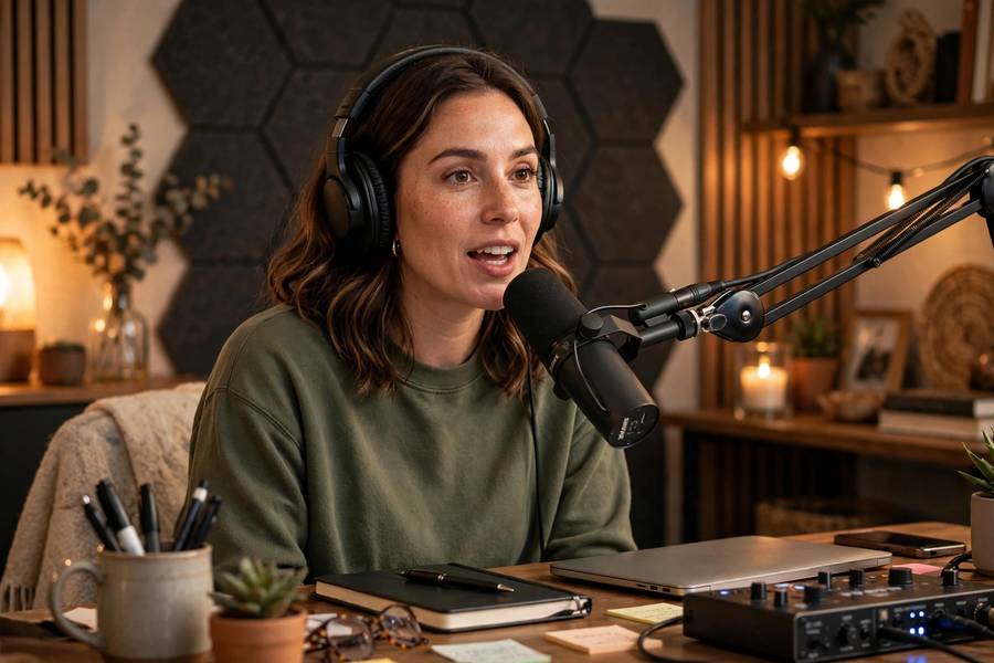A podcast host recording in a home studio