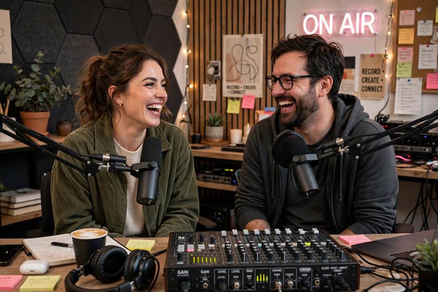 Two podcast hosts laughing during a recording