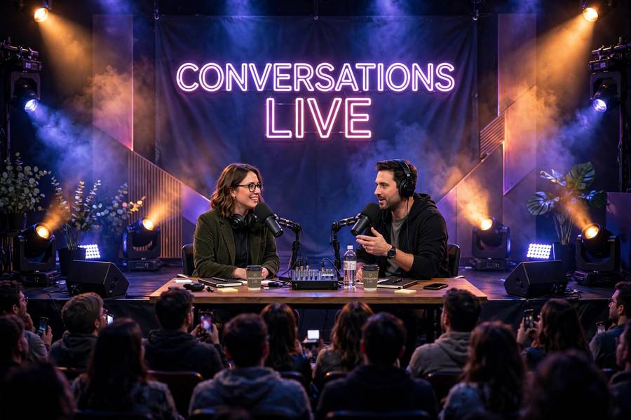 A live podcast recording on stage with an audience