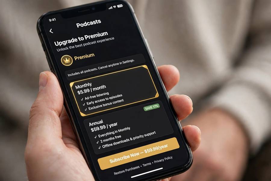 A podcast app showing premium subscription options