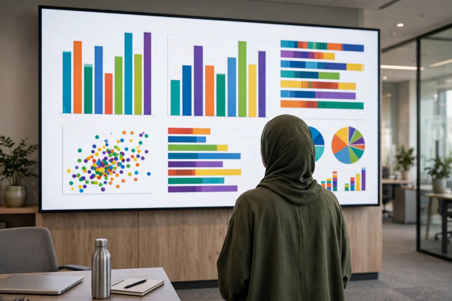 Analyst reviewing colorful bar charts and survey data on a large screen