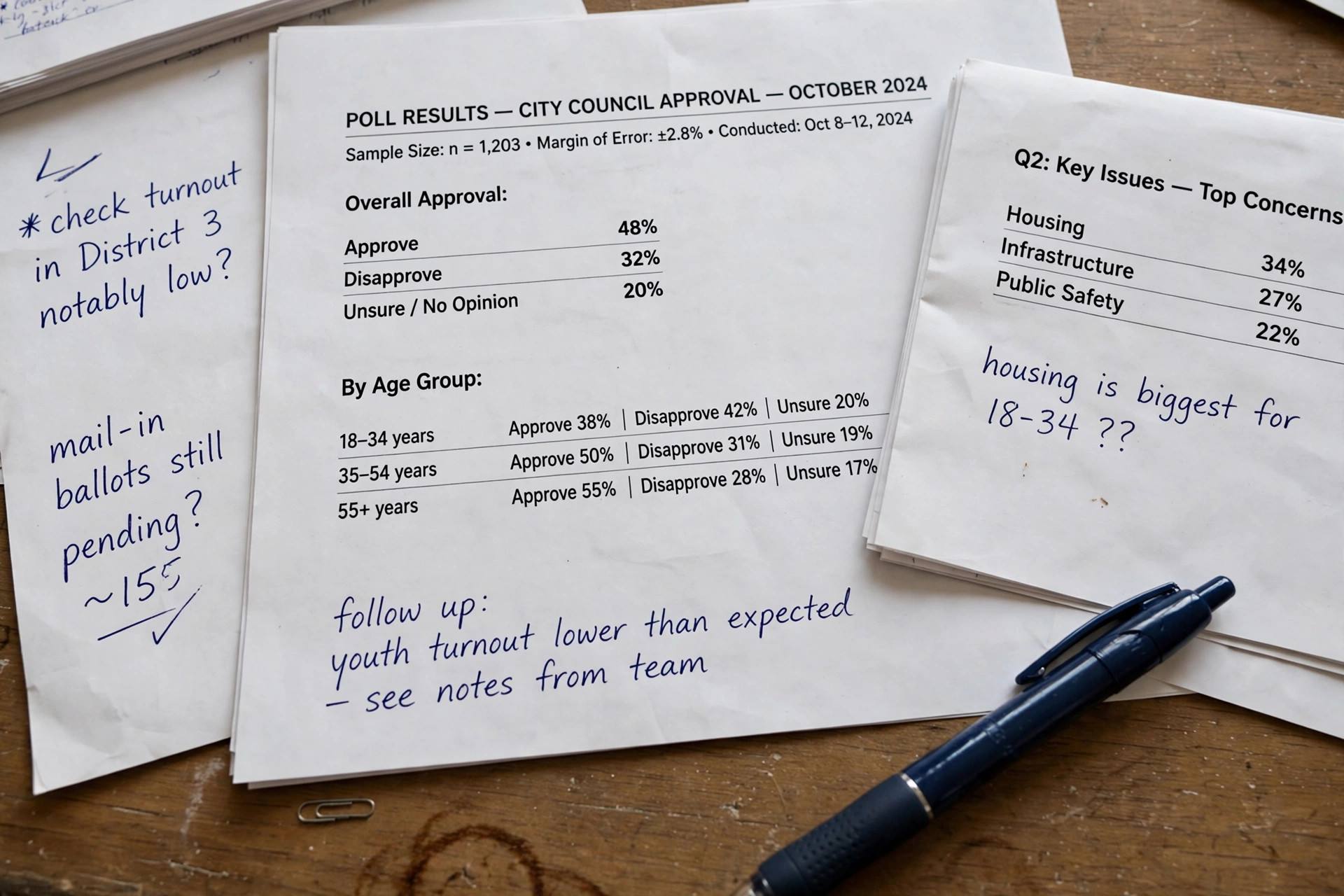 Close-up of printed poll results with percentages and margin notes