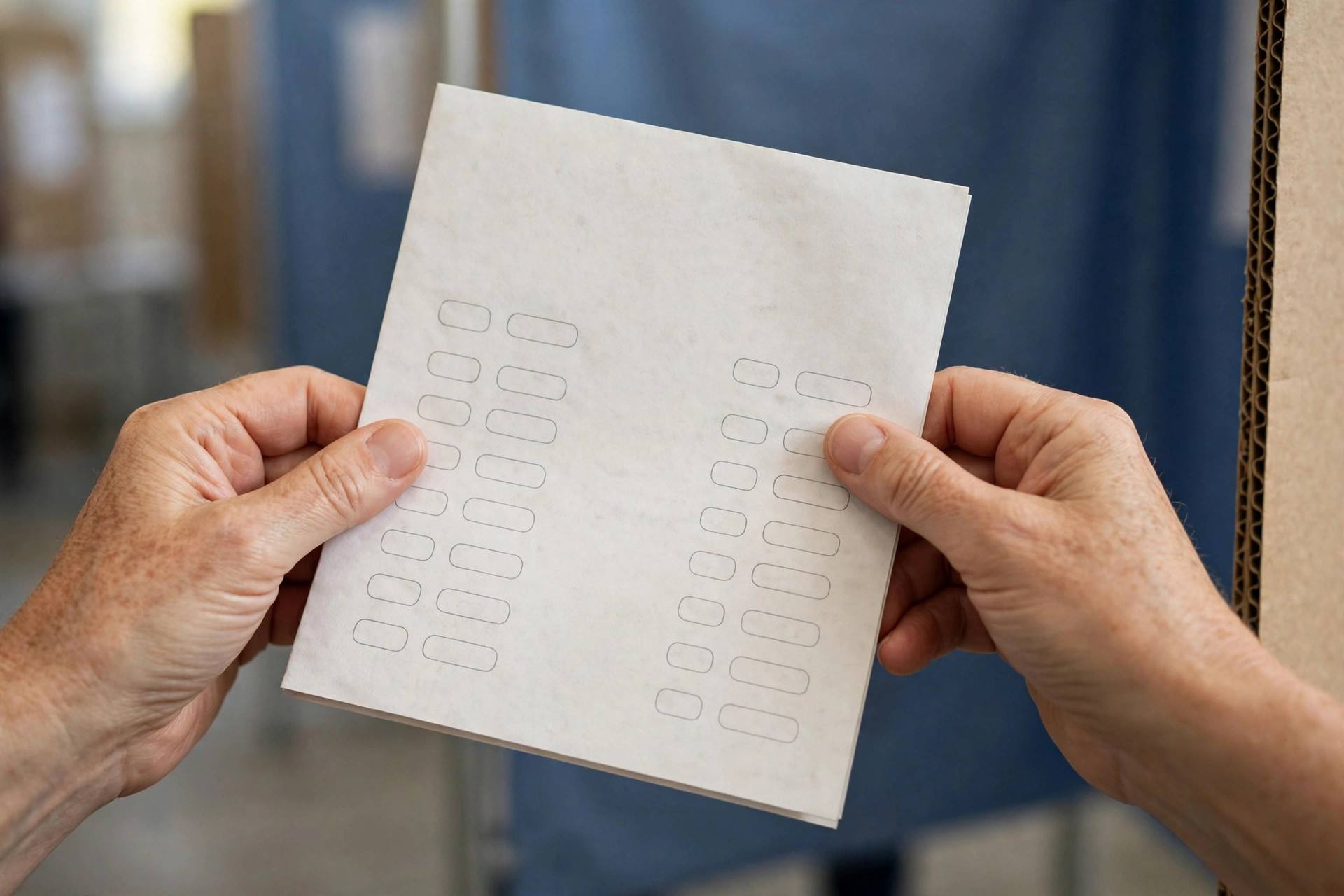 Close-up of a voter's hands holding a primary election ballot at a polling booth