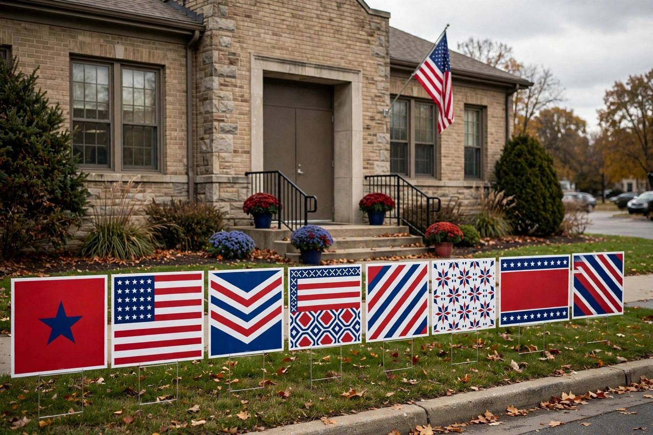Row of red, white, and blue campaign signs outside a primary polling location on election day