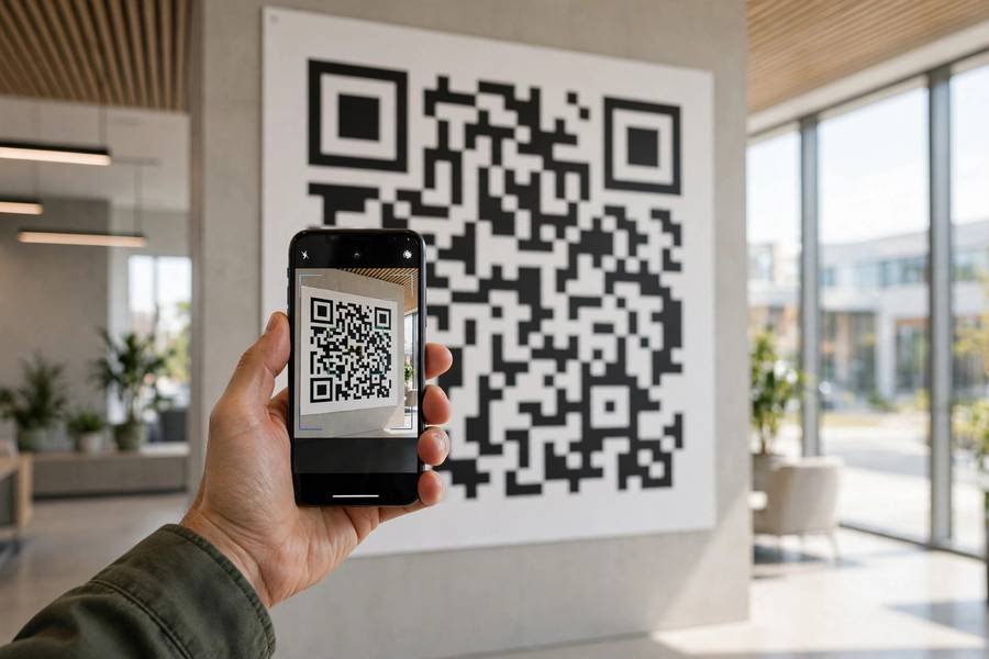 Smartphone scanning a QR code in a real-world setting
