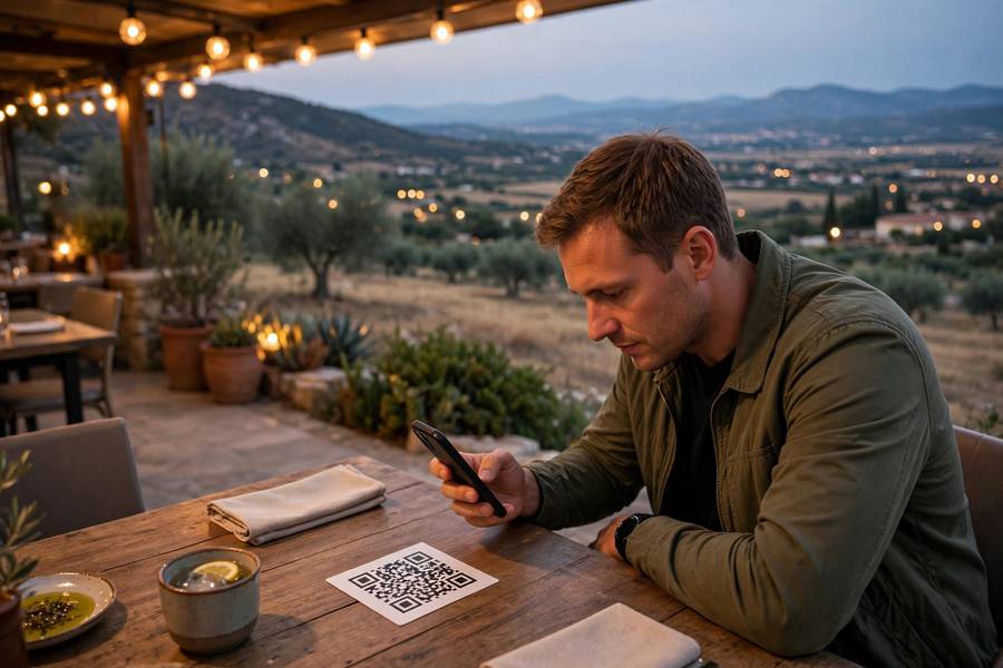 Person scanning a QR code on a restaurant table to view the digital menu