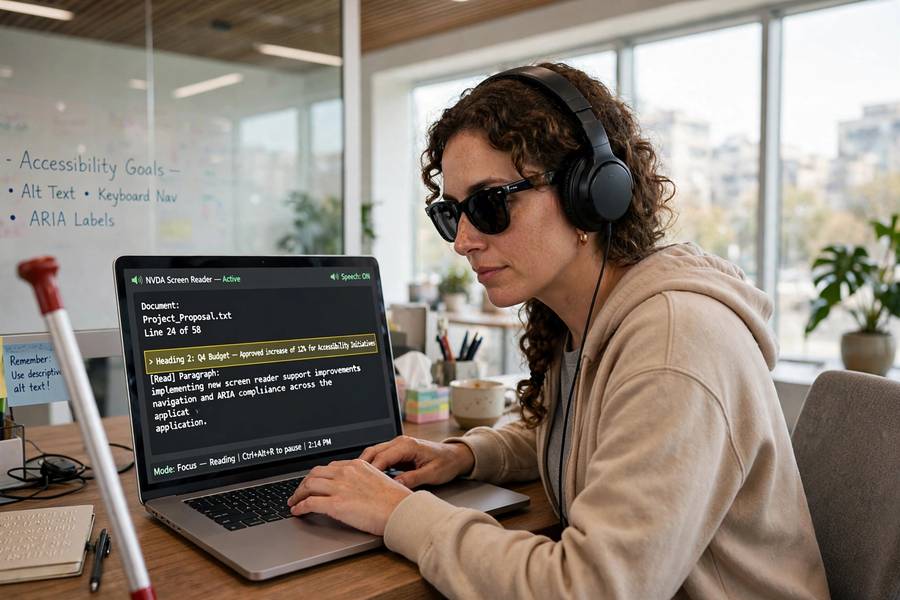 Blind person using a screen reader that converts text to speech through headphones
