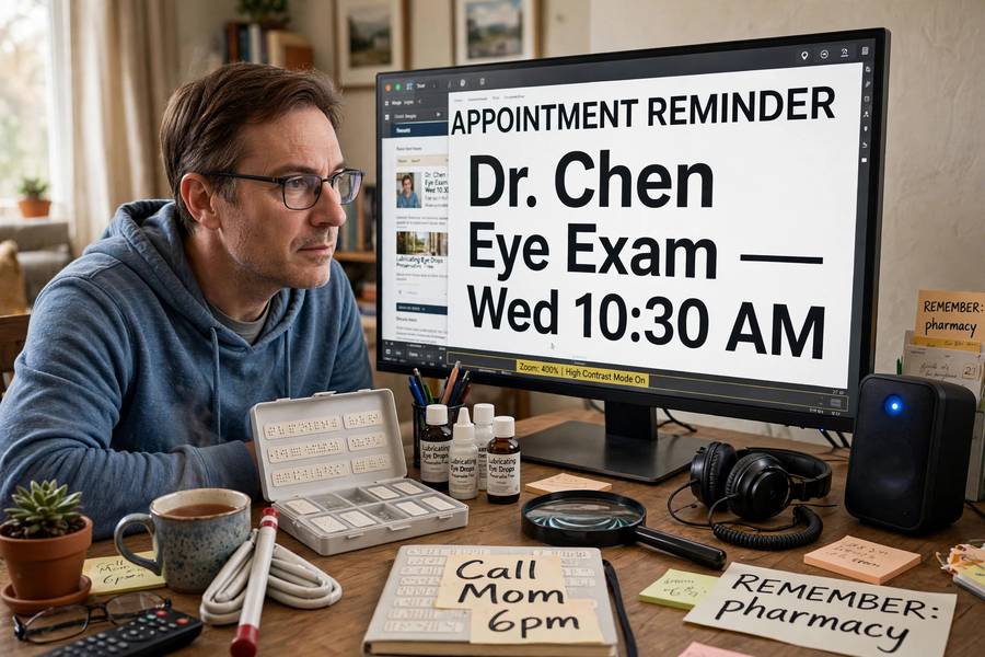 Person with low vision combining screen magnification with text to speech audio