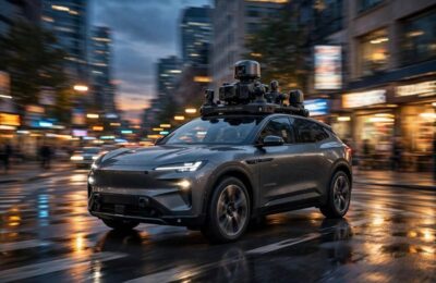 Self-driving car with roof sensors navigating a city street, illustrating how do self driving cars work