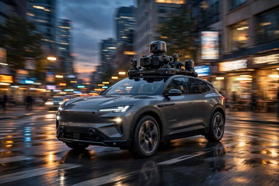 Self-driving car with roof sensors navigating a city street, illustrating how do self driving cars work