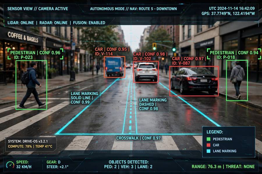 Sensor visualization showing object detection, part of how do self driving cars work