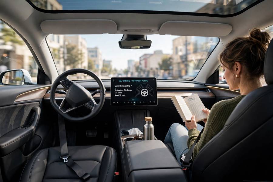 Interior of an autonomous vehicle with no driver, demonstrating how do self driving cars work in practice