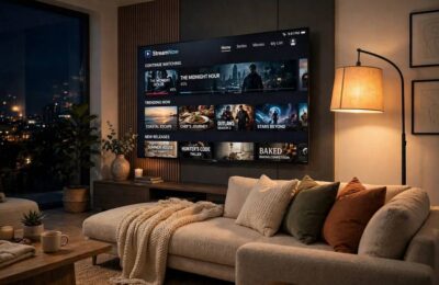 Smart TV showing streaming apps in a living room, illustrating how do smart TVs work