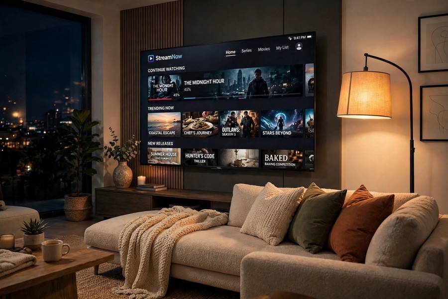 Smart TV showing streaming apps in a living room, illustrating how do smart TVs work