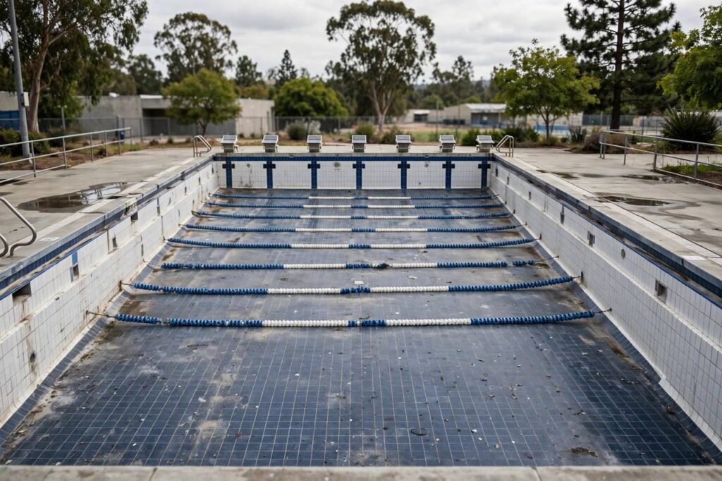 Empty Olympic-size swimming pool with lane ropes, no people