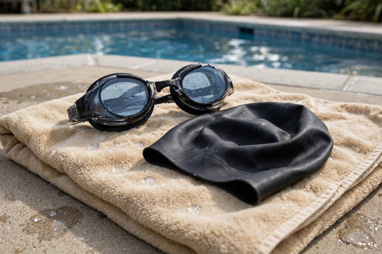 Swimming goggles and cap on a pool deck towel, no people