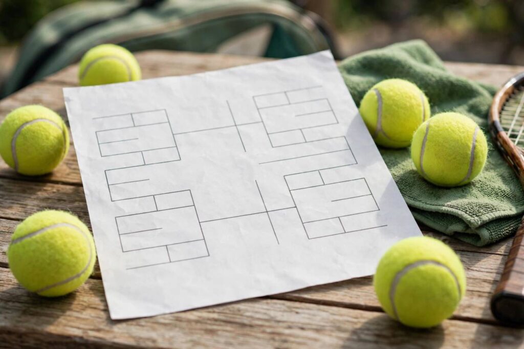 Tennis balls and a tournament draw sheet on a table, no people