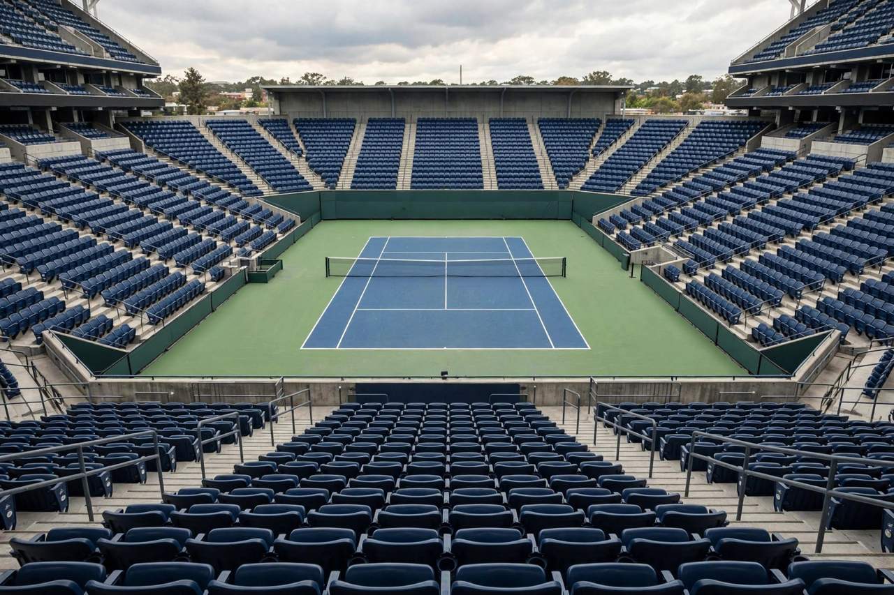 Empty tennis stadium seats overlooking the court, no people