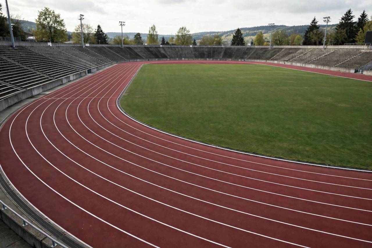 Track and field stadium with lanes curving into the distance, no people
