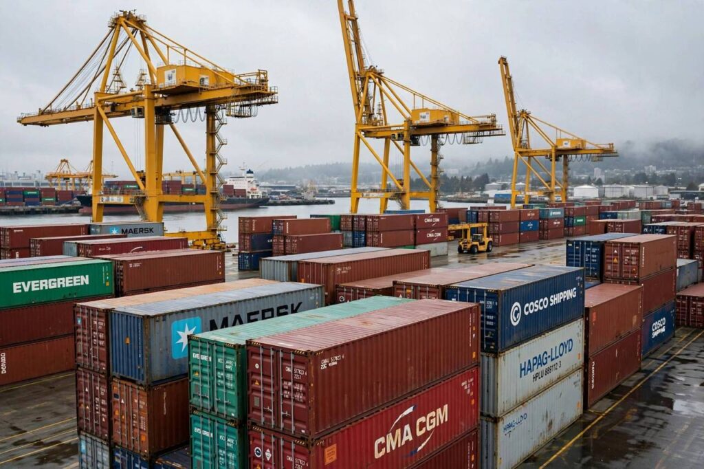 Cargo containers stacked at a shipping port with cranes