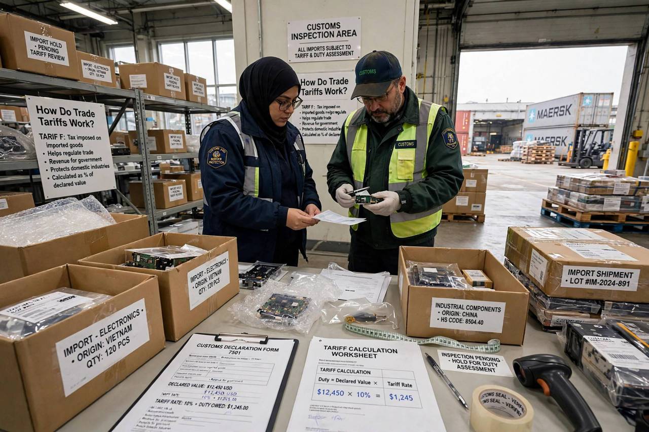 Customs inspection area with officials checking imported goods