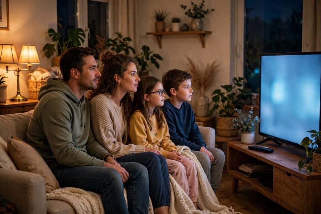 Photograph of a family watching television in a cozy living room at night, warm lamp light, modest clothing, no text on screen