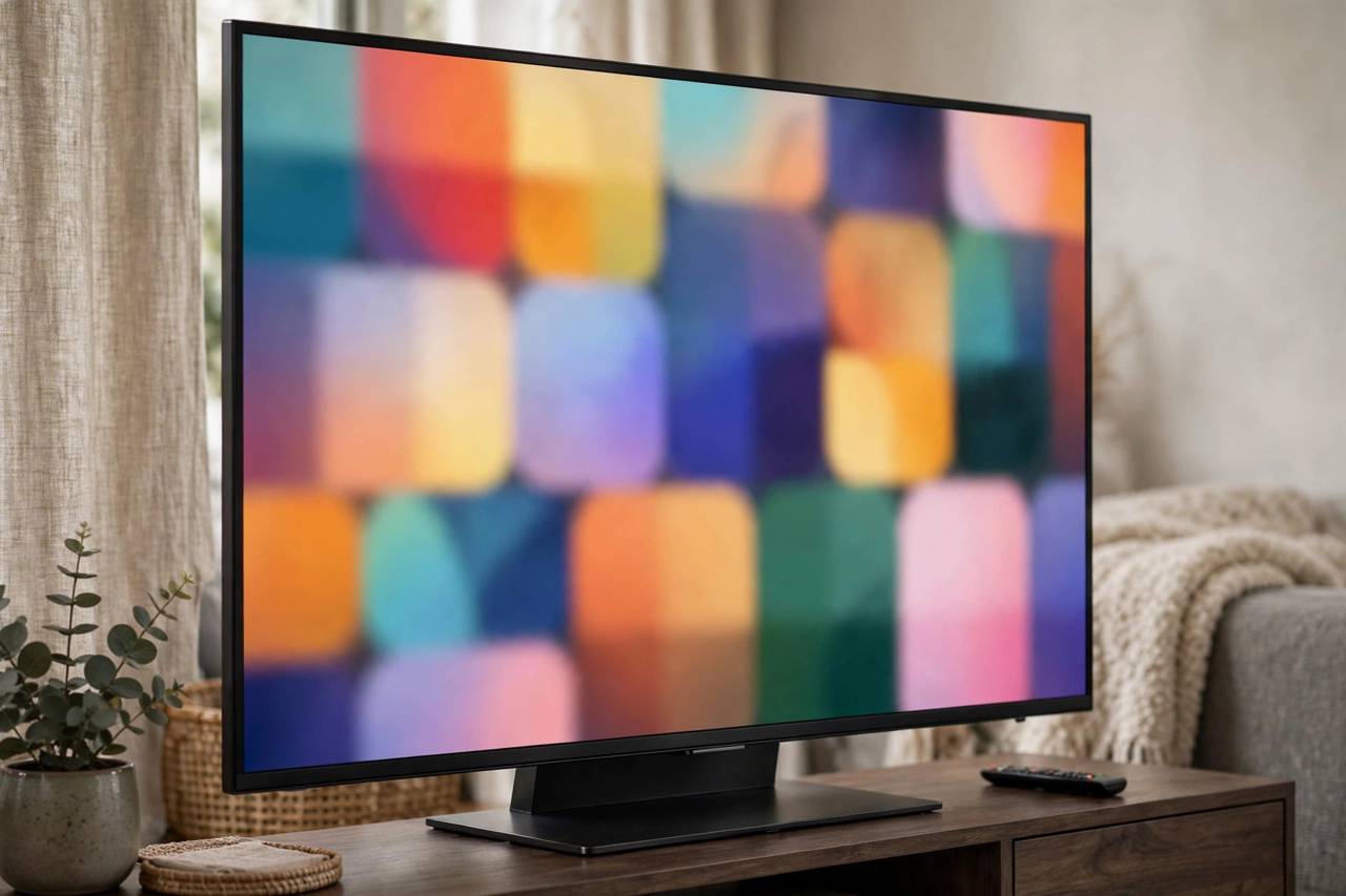 Close-up photograph of a modern smart TV in a living room showing a colorful streaming menu interface, no people, no readable text