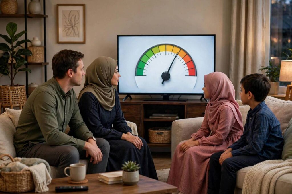 Living room with a television showing a ratings measurement meter and family watching a show