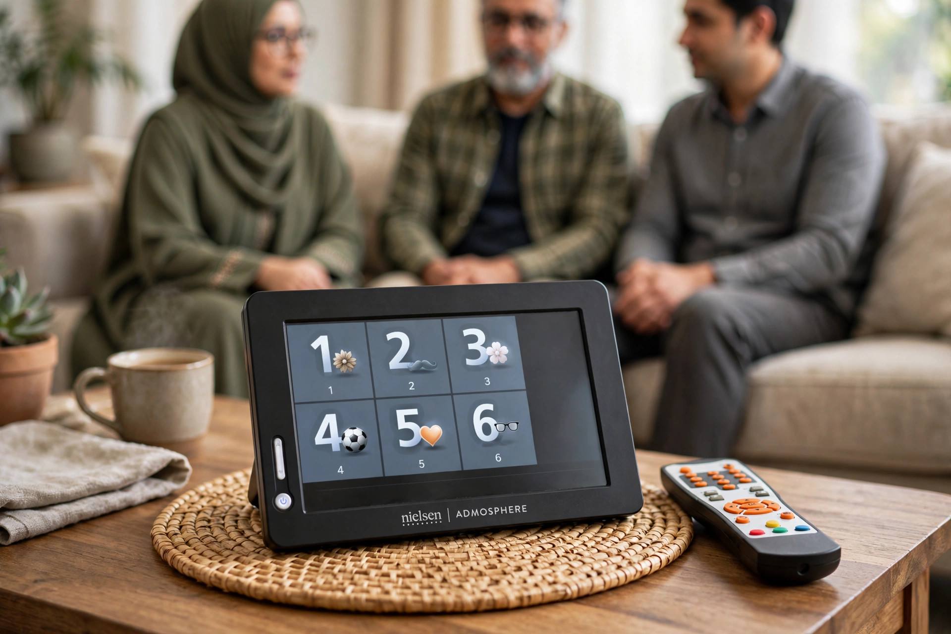 Close-up of a Nielsen-style TV ratings people meter device with viewer buttons on a living room side table